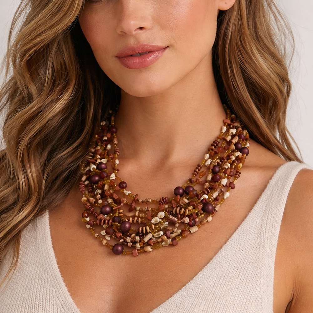 Multi-Strand Earth Tone Boho Beaded Statement Necklace